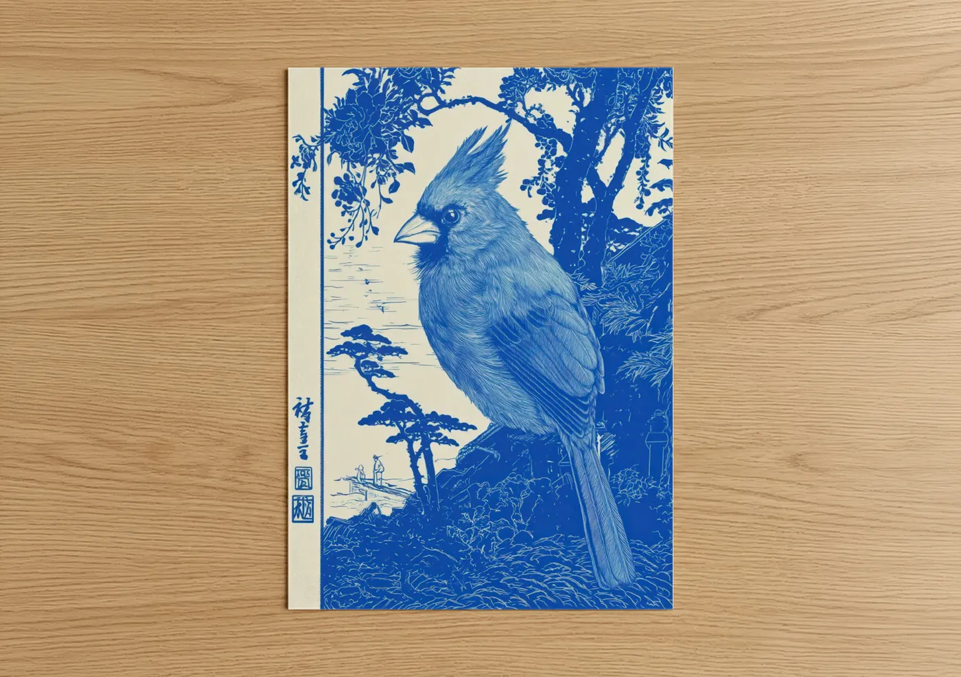 Blue Cardinal Japanese Woodblock Wall Art