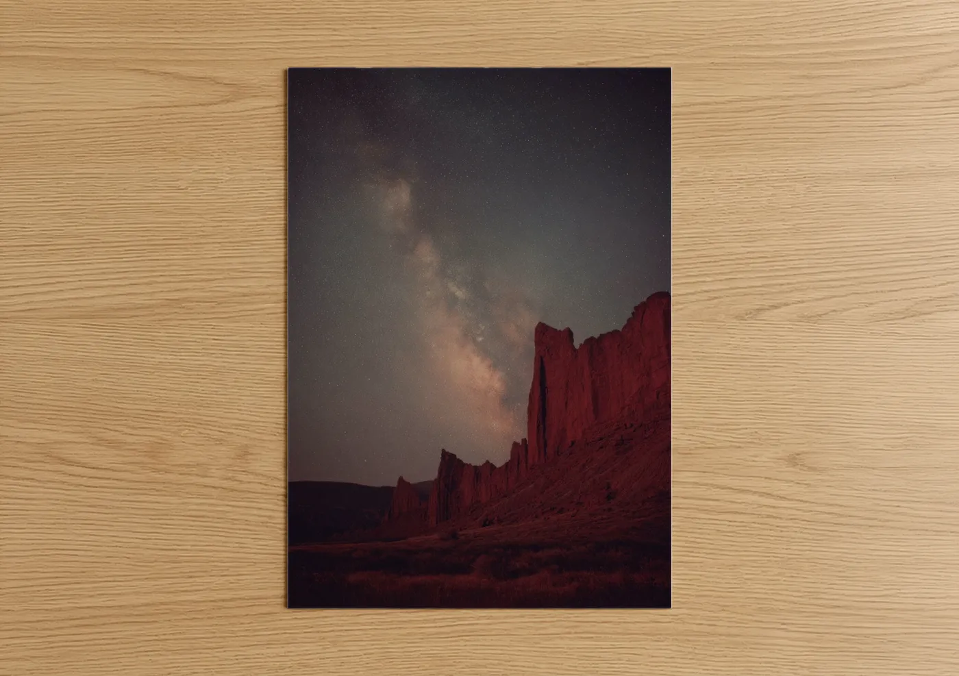 Art print on warm oak wood — maroon and gray palette — Milky Way Cliffs poster