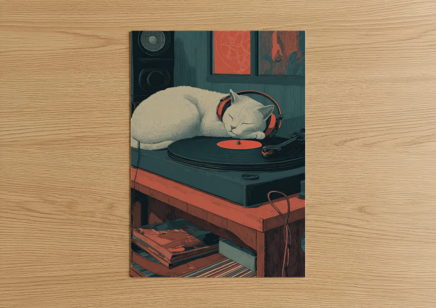Cat with Headphones Vinyl Record Player Wall Art