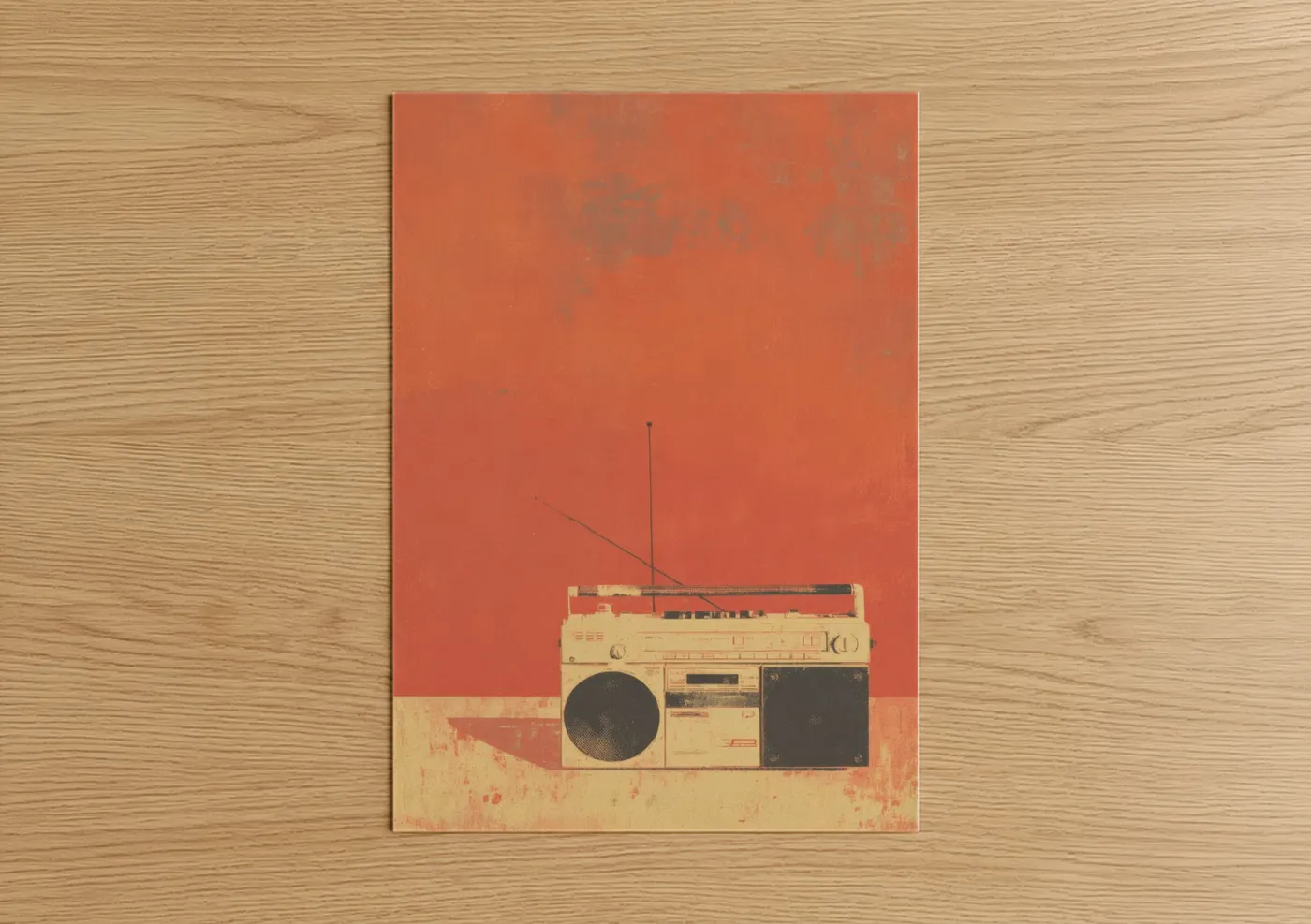 Art print on warm oak wood — red and peach palette — Vintage Boombox poster
