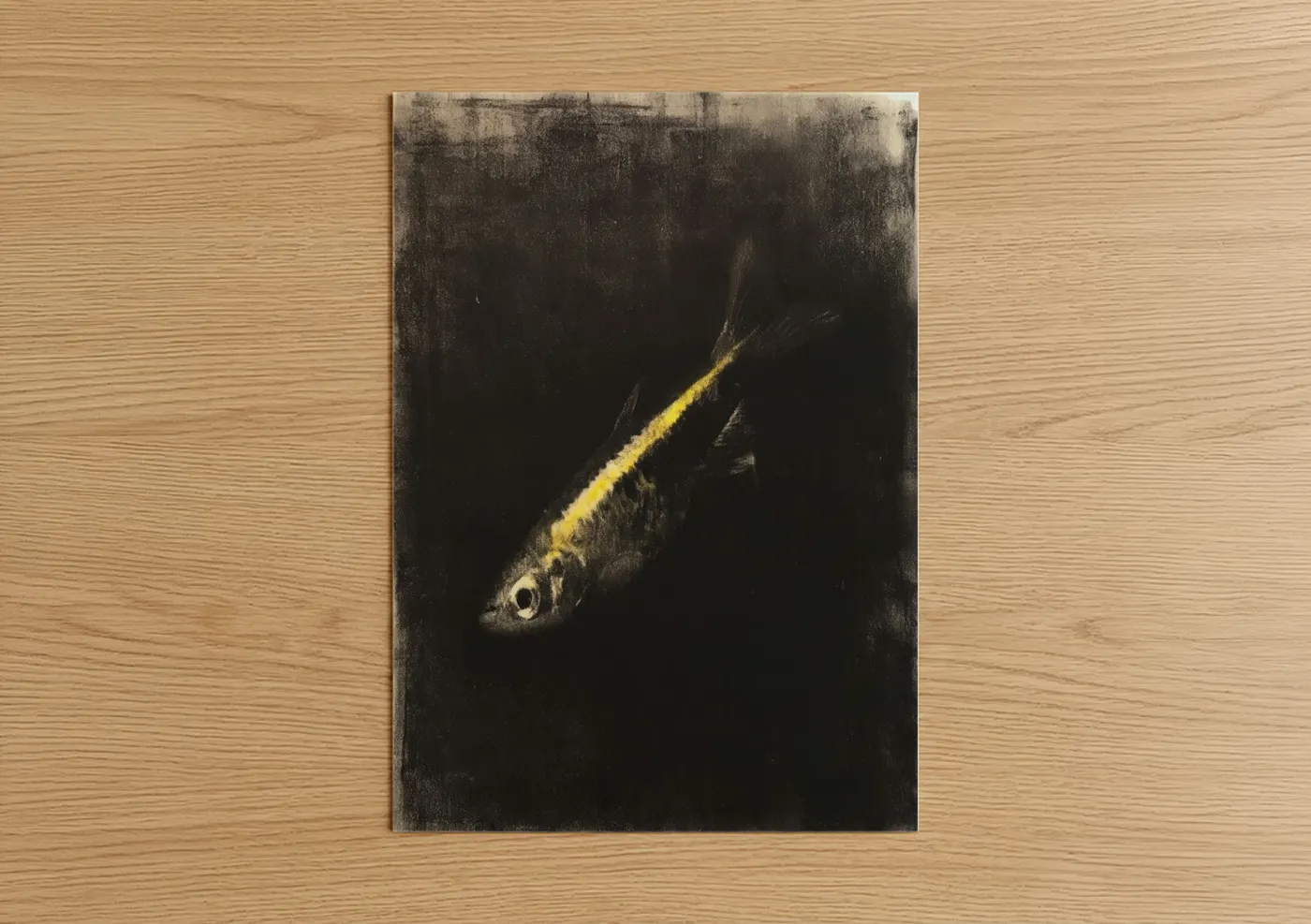 Art print on warm oak wood — black and gold palette — Golden Zebrafish poster