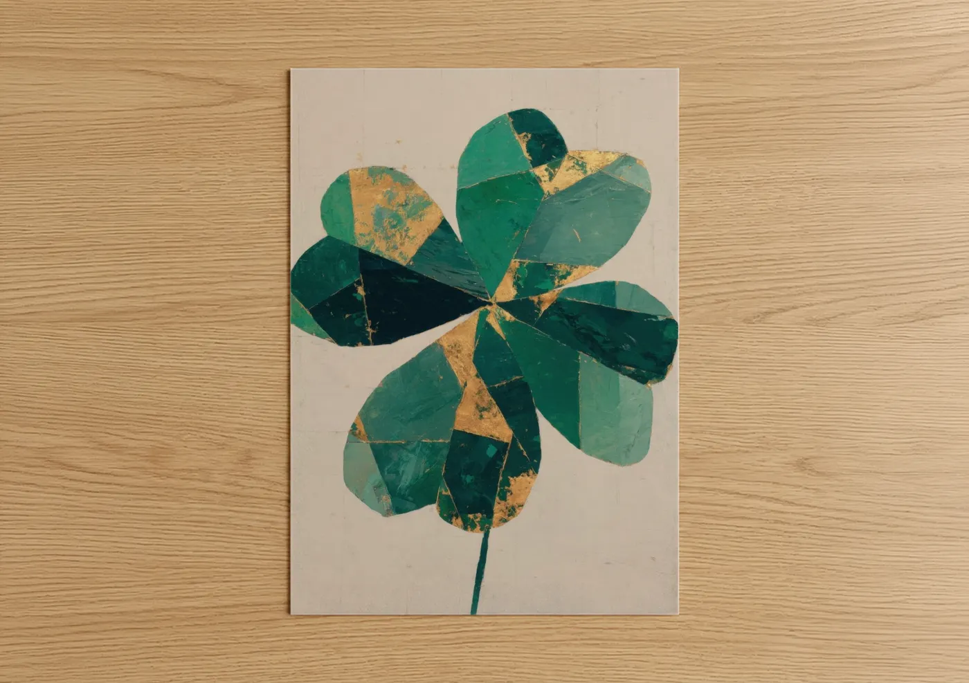 St. patrick's day art print on warm oak wood — dark green and gold palette — Golden Shamrock Leaf poster