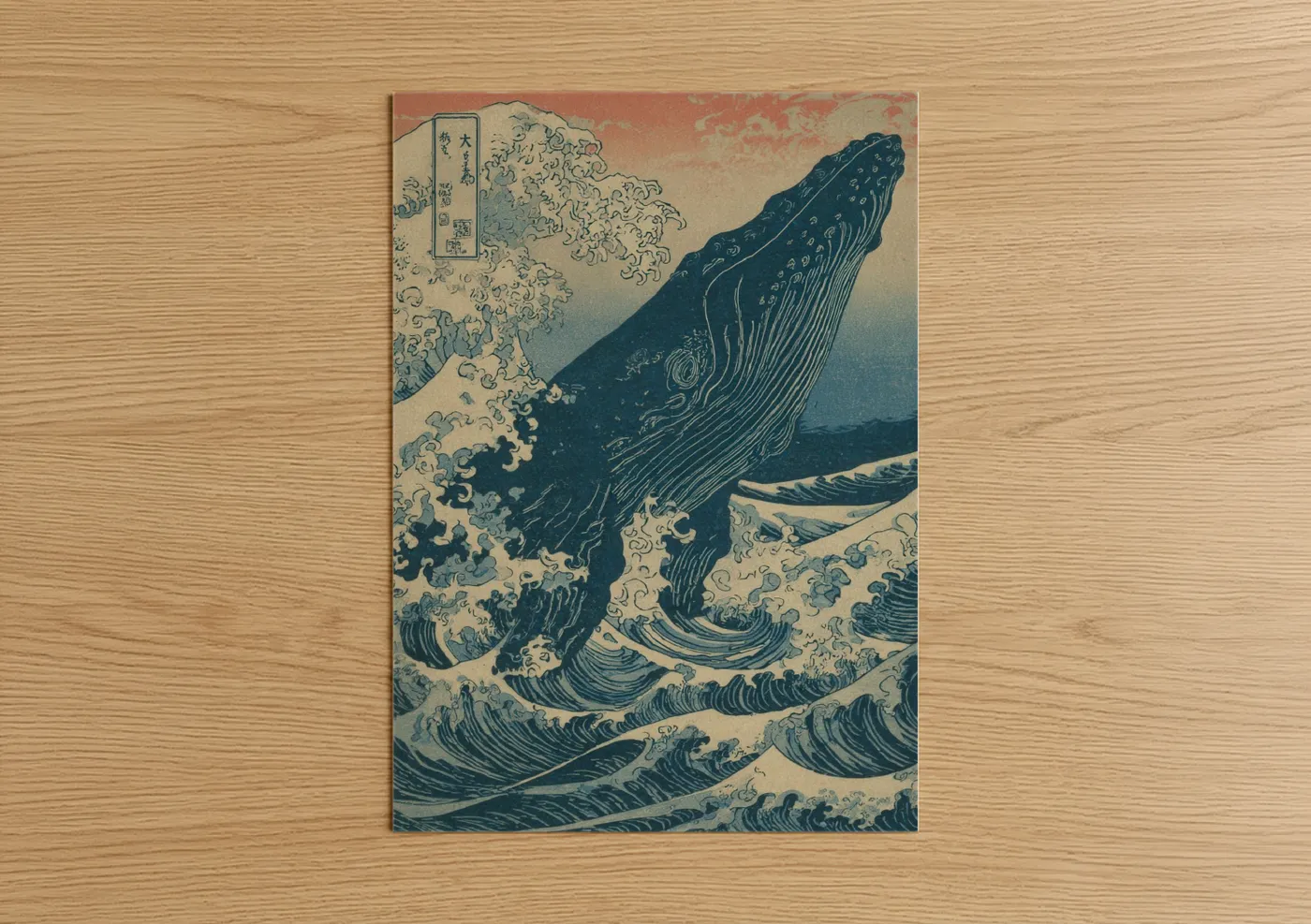 Gray Whale Ocean Wave Japanese Wall Art