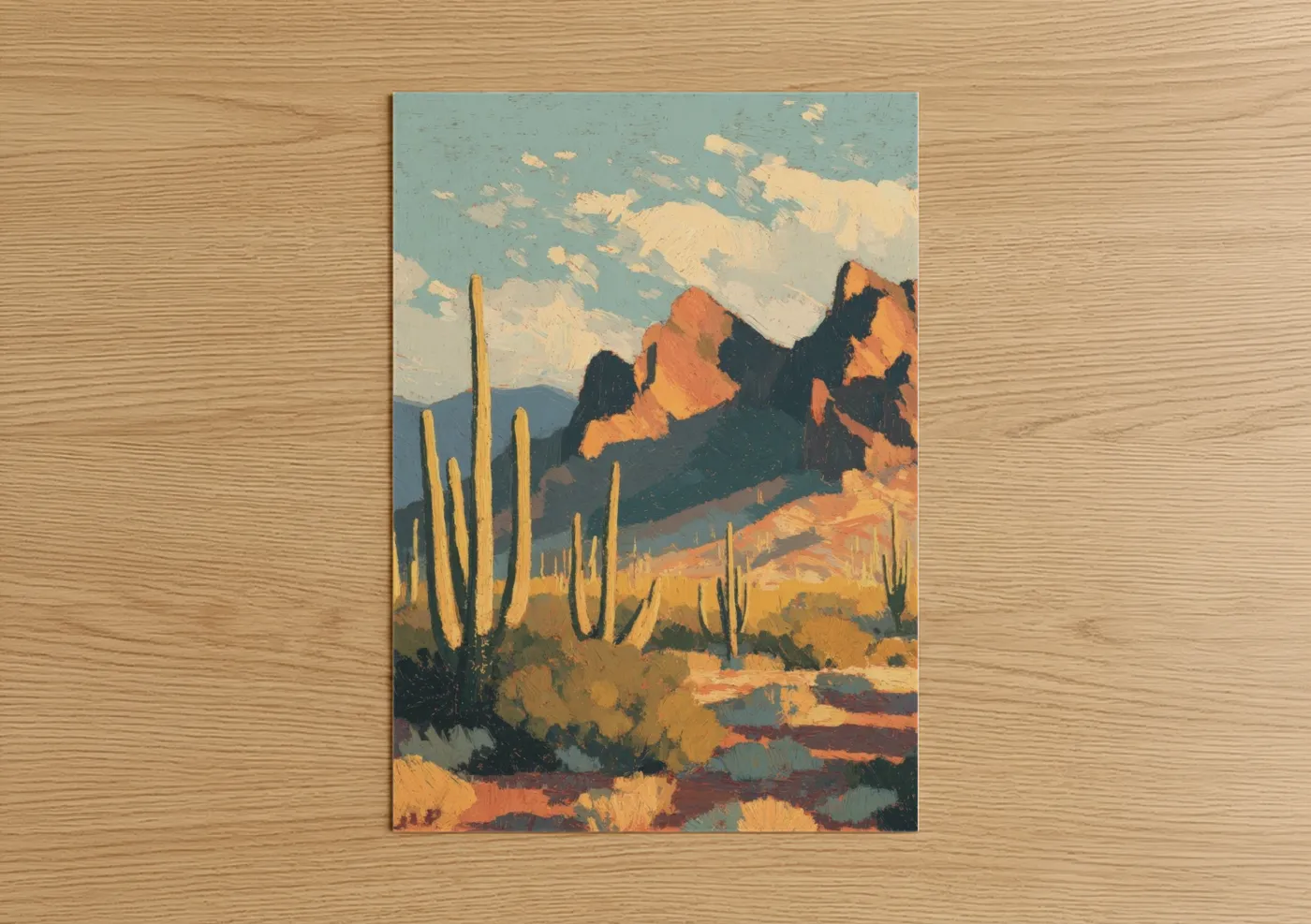 Cactus art print on warm oak wood — gold and russet palette — Desert Saguaro poster