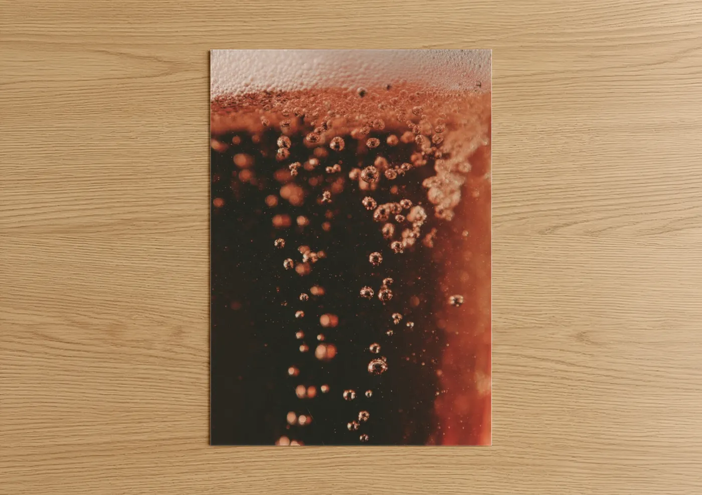 Rose wine art print on warm oak wood — rose gold and black and red palette — Rosé Wine Bubbles poster
