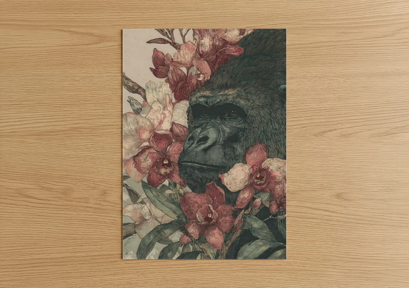 Gorilla with Orchid Flowers Botanical Wall Art