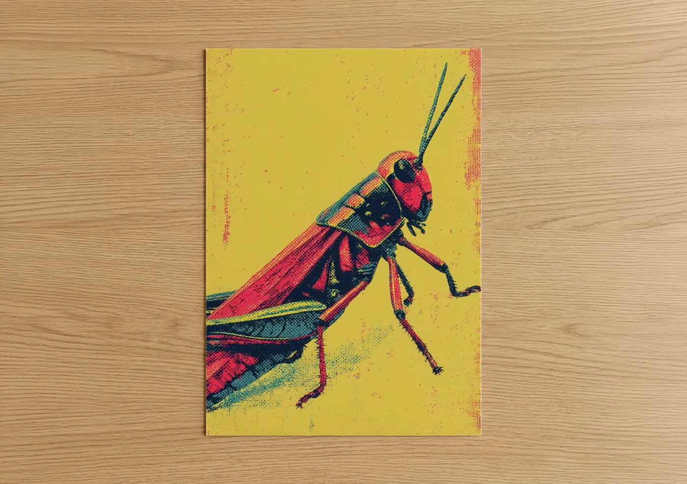 Art print on warm oak wood — yellow and magenta palette — Crimson Grasshopper poster
