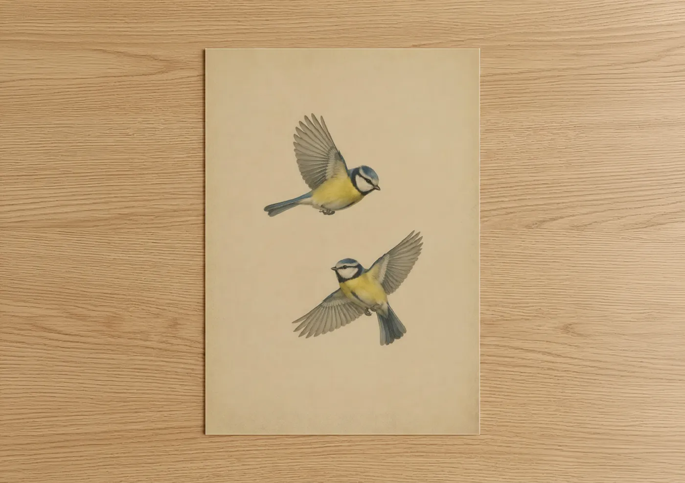 Art print on warm oak wood — beige and yellow palette — Blue Tit Songbirds in Flight Wall Art poster