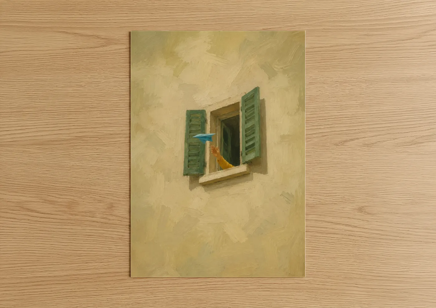 Art print on warm oak wood — beige and olive palette — Mediterranean Window With Green Shutters Wall Art poster