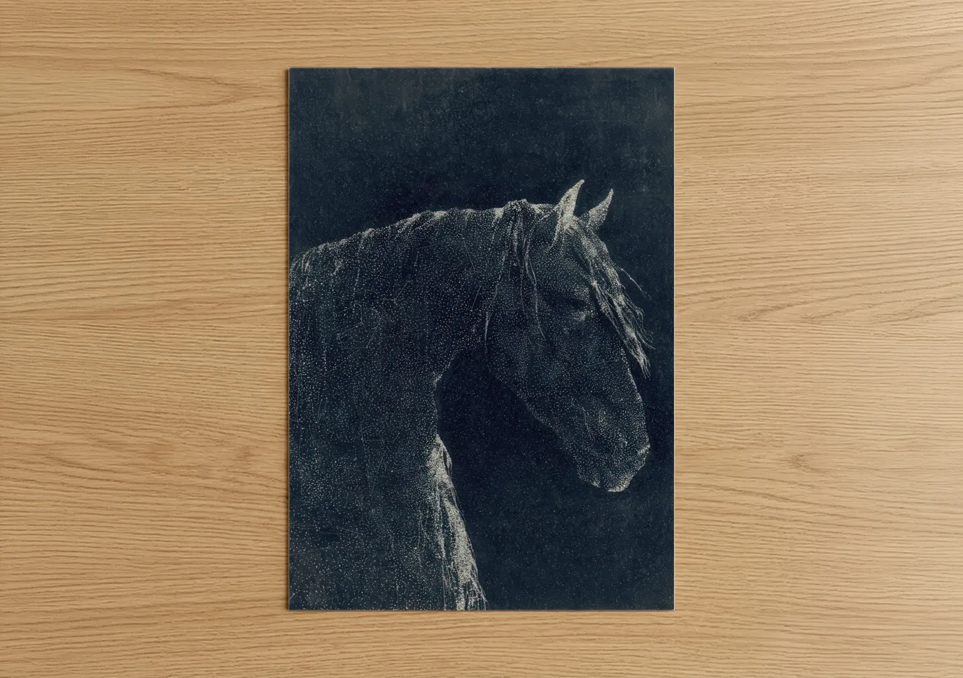 Friesian horse art print on warm oak wood — black and white and gray palette — Noble Friesian poster