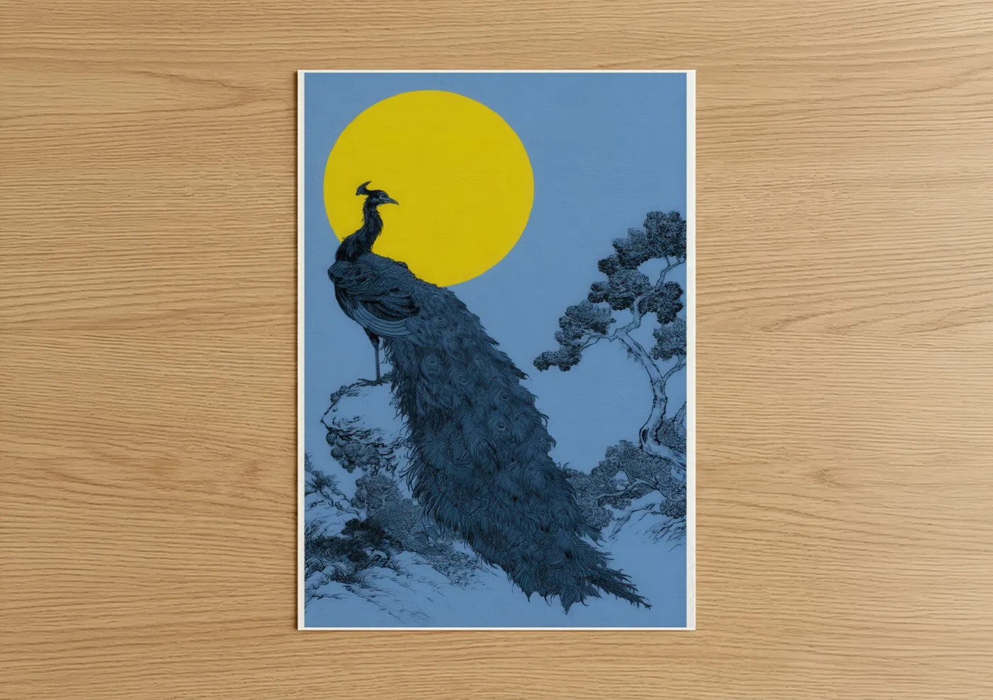 Art print on warm oak wood — blue and yellow gold palette — Moonlit Peacock poster
