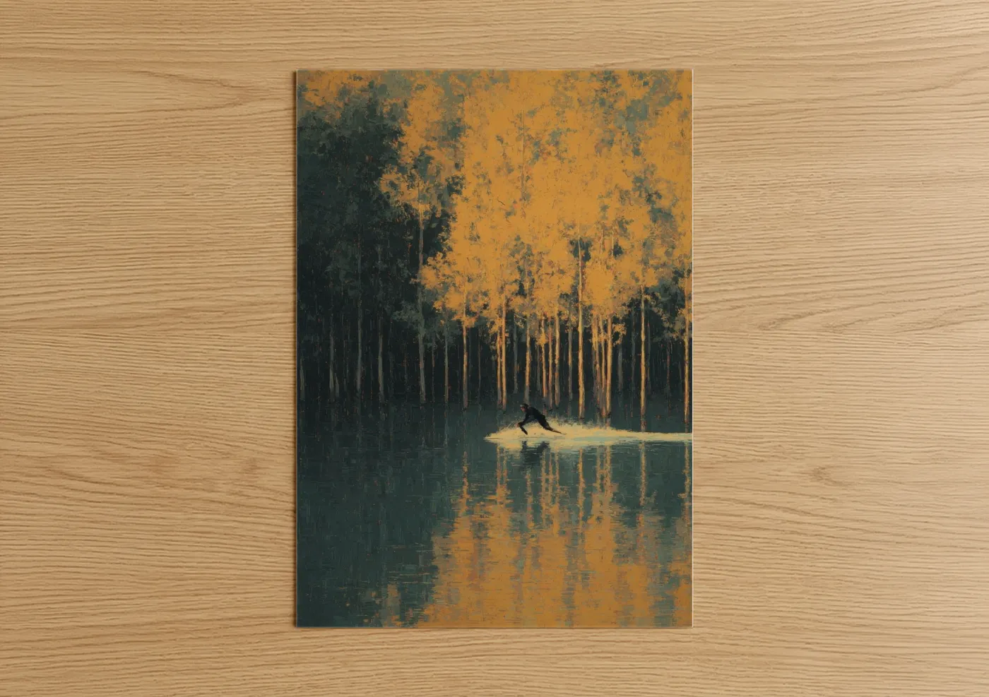Wakeboarding art print on warm oak wood — gold and teal palette — Golden Hour Wakeboarder poster