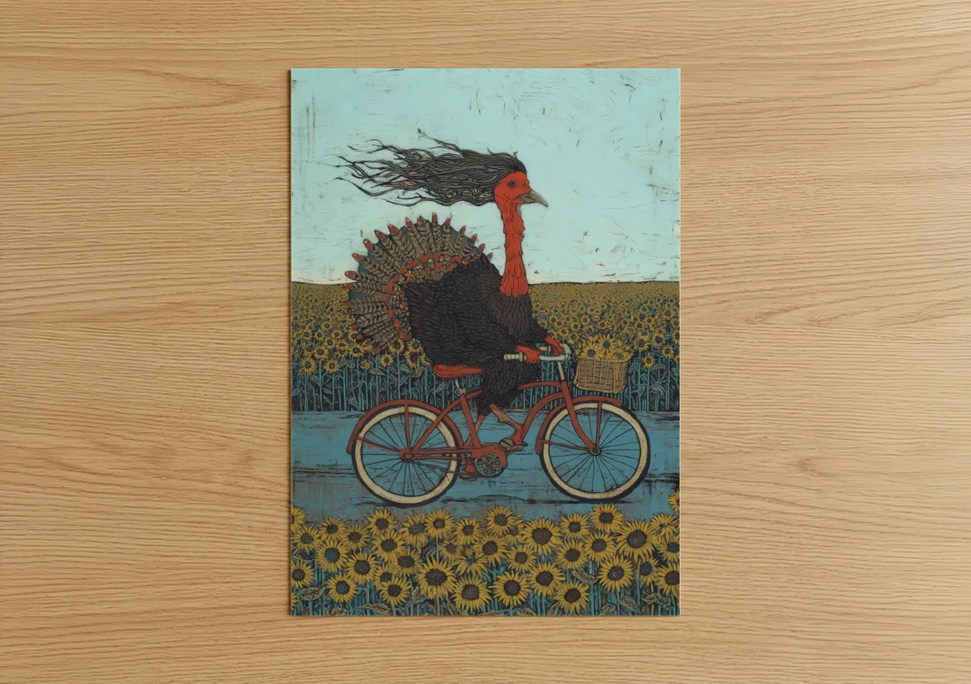 Whimsical Turkey on Bicycle Illustration Wall Art
