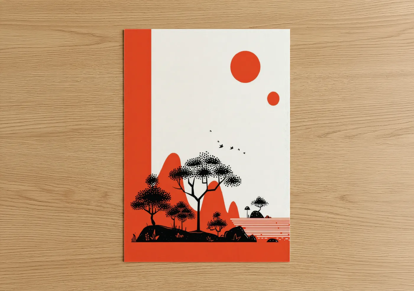 Savanna and desert trees art print on warm oak wood — orange and black palette — Savanna Sunset Silhouette poster