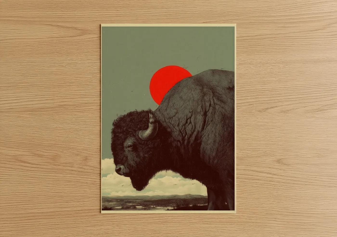 Bison Sunset Vintage Wildlife Wall Art