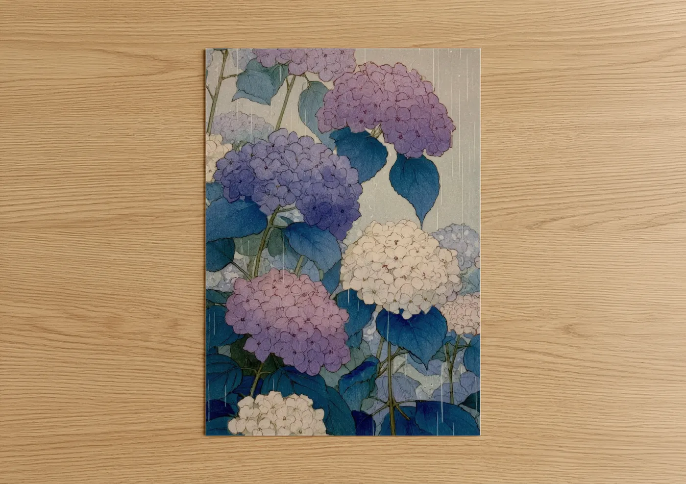 Art print on warm oak wood — lavender and blue palette — Clustered Hydrangeas poster
