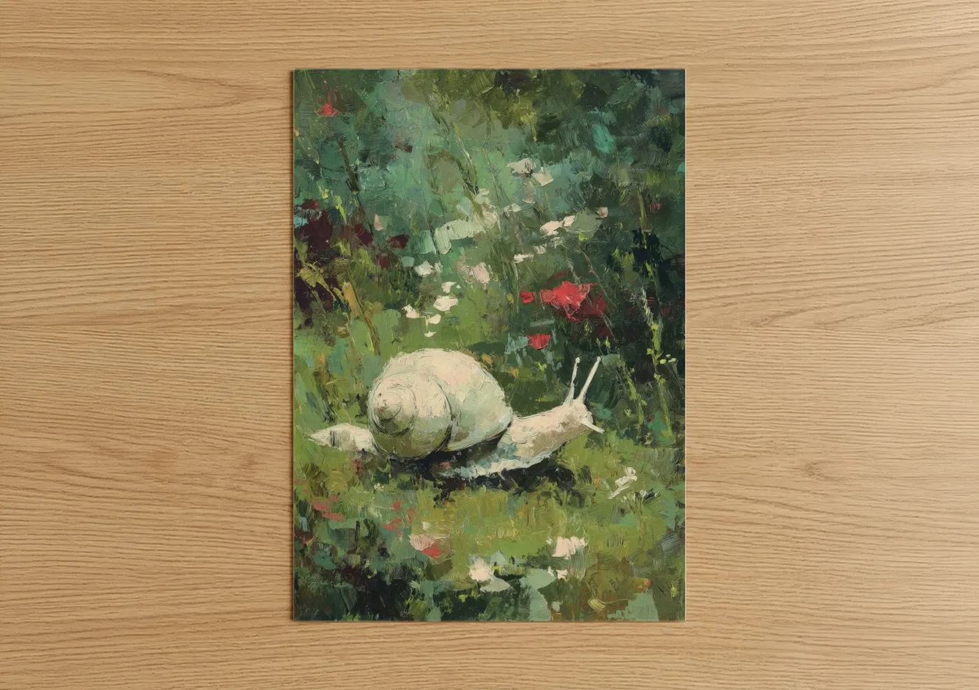 Art print on warm oak wood — green and cream palette — Garden Snail poster