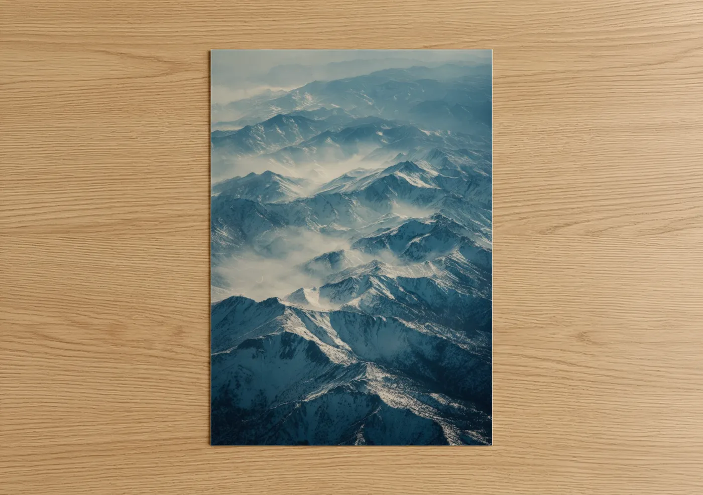 Art print on warm oak wood — blue and white palette — Snowy Sierra Nevada poster