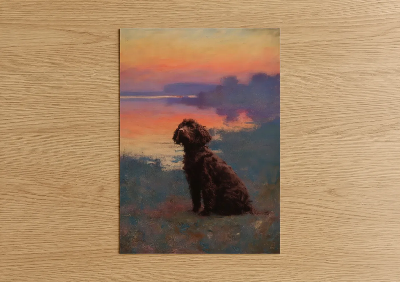 Spaniel Watching Sunset Over Water Wall Art