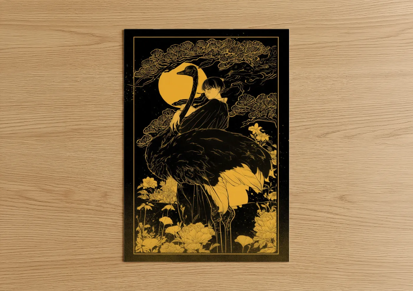 Moonlit Ostrich Japanese Woodblock Wall Art
