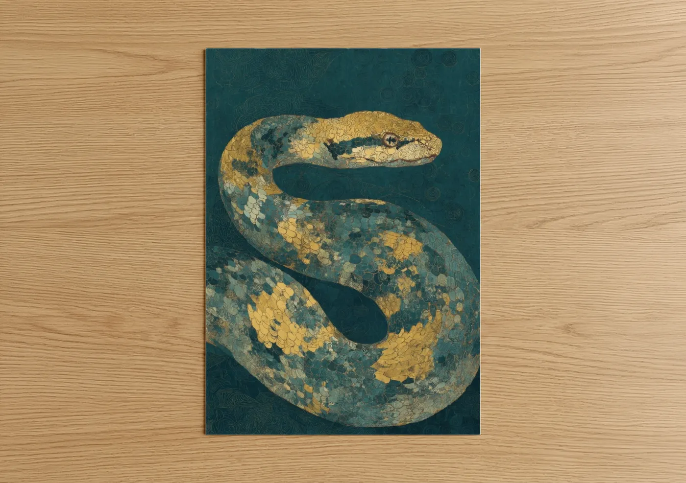 Art print on warm oak wood — gold and teal palette — Golden Python Coil poster