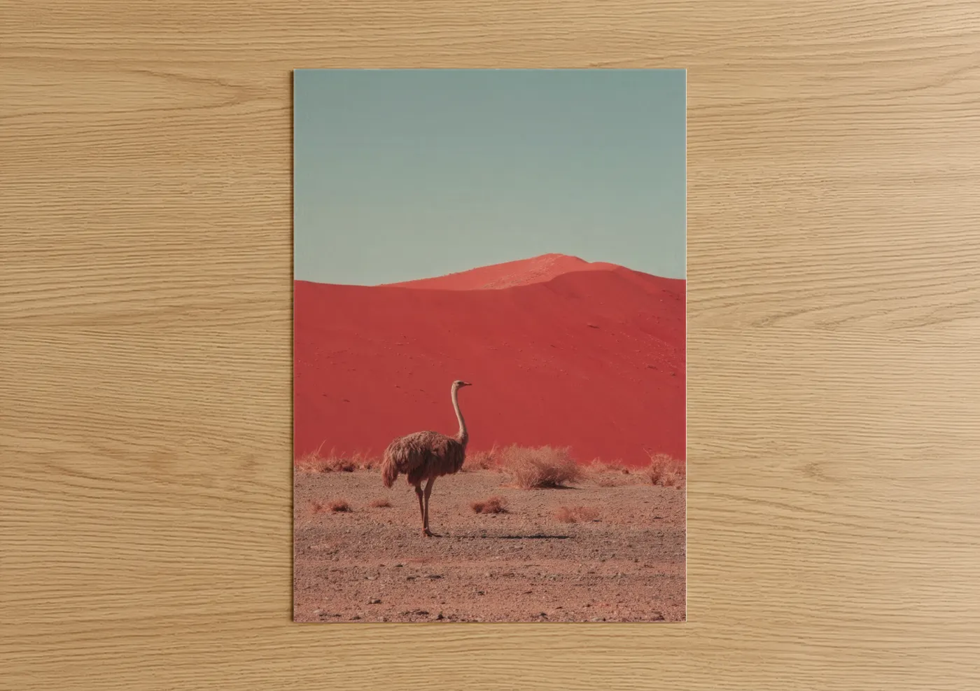 Art print on warm oak wood — red and blue palette — Desert Ostrich poster