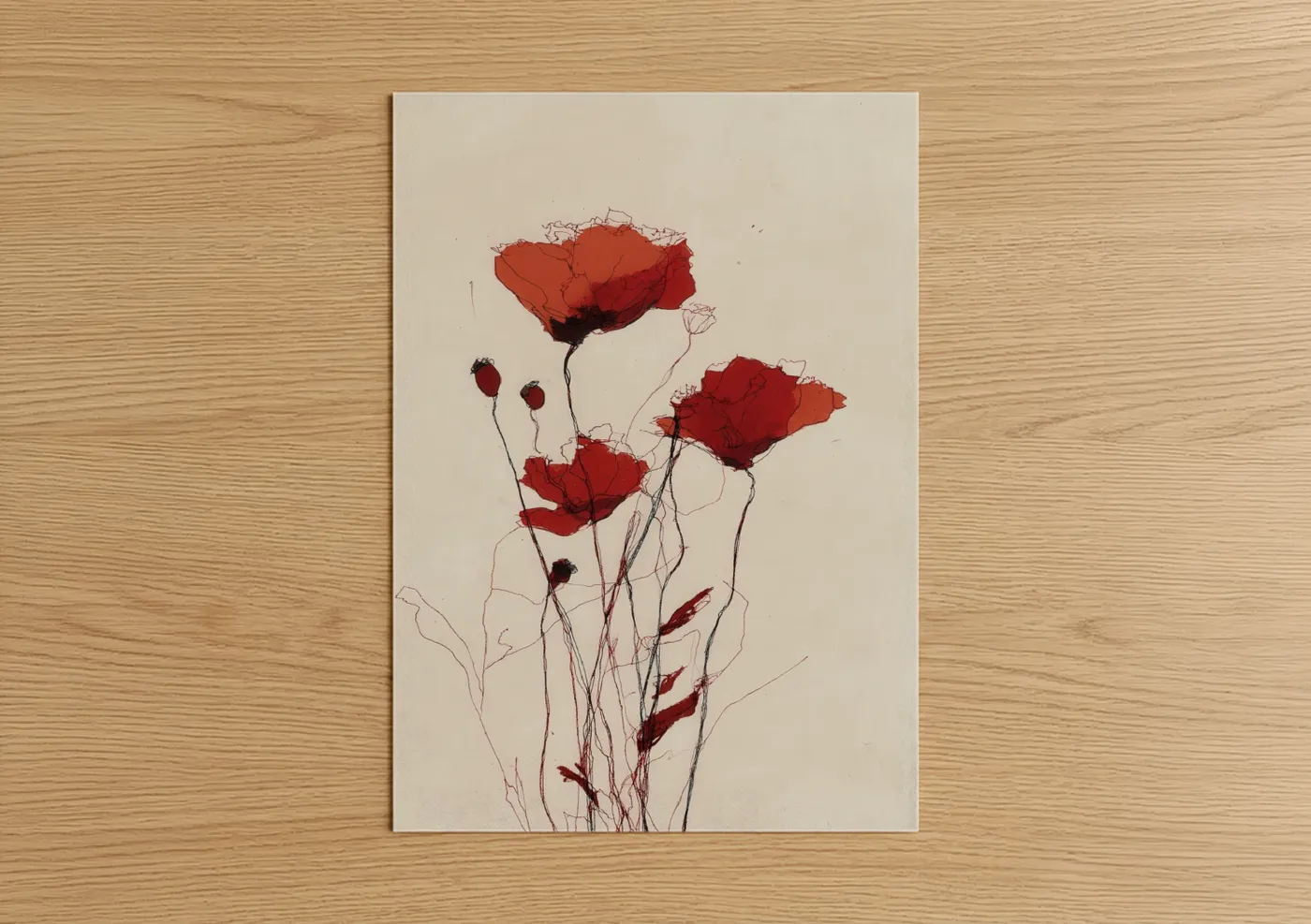 Art print on warm oak wood — red and cream palette — Crimson Poppies poster