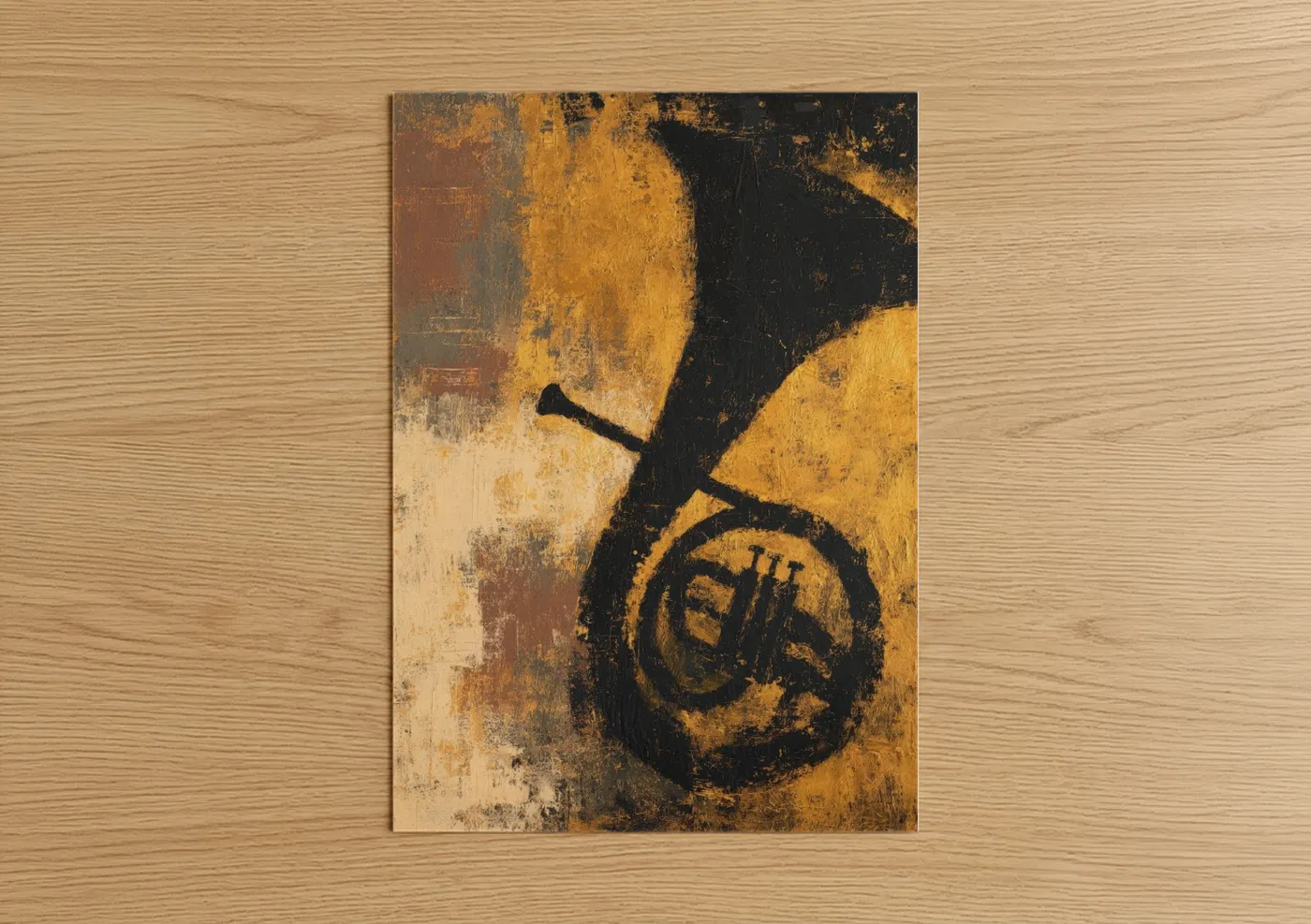 Art print on warm oak wood — gold and black palette — Golden French Horn poster