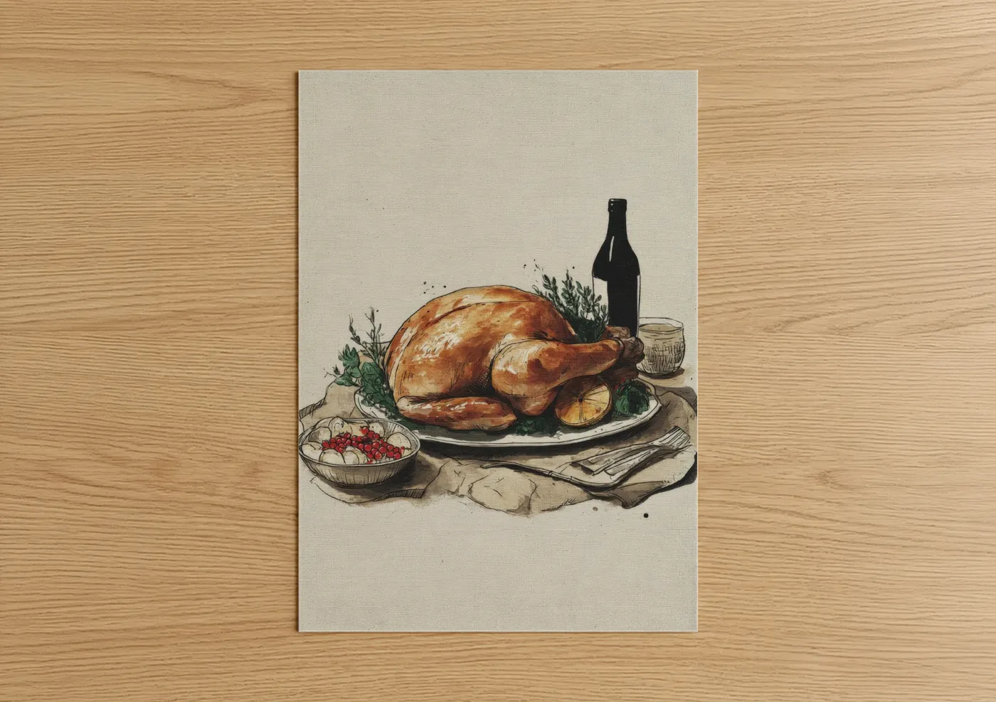 Roasted Chicken Wine Dinner Illustration Wall Art