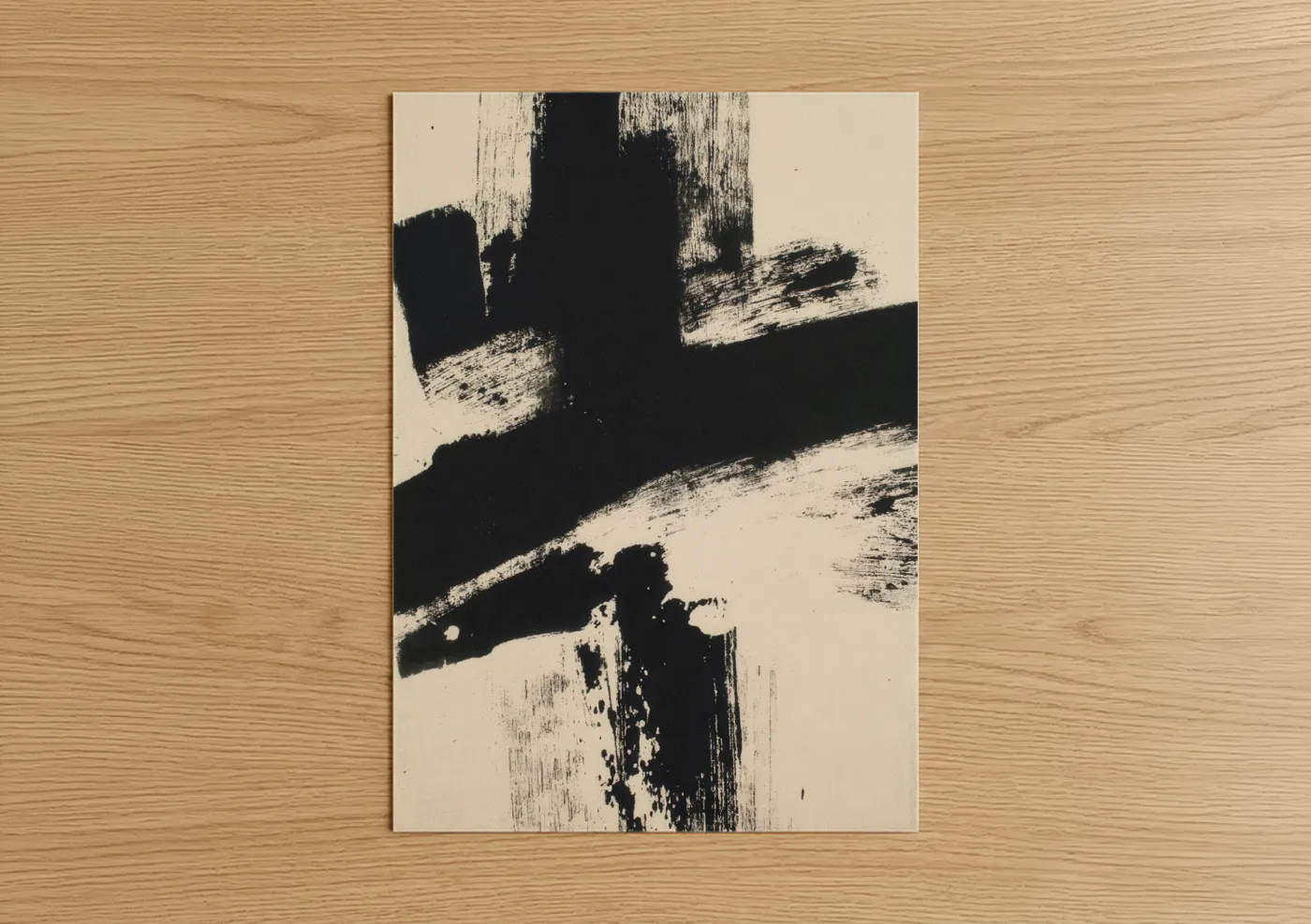 Abstract minimalist art print on warm oak wood — black and white and cream palette — Gestural Abstraction poster