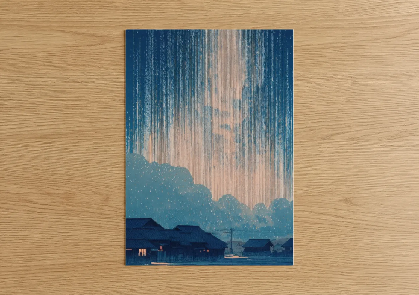 Art print on warm oak wood — dark blue and cream palette — Pentecost Rain poster