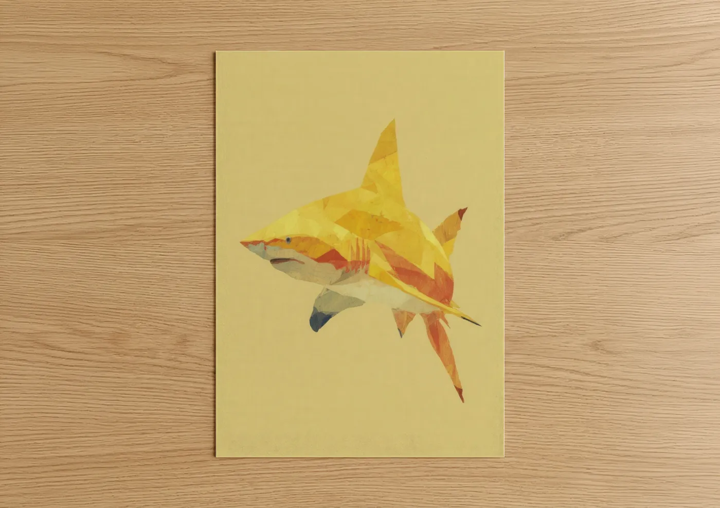 Art print on warm oak wood — yellow gold and orange palette — Golden Lemon Shark poster