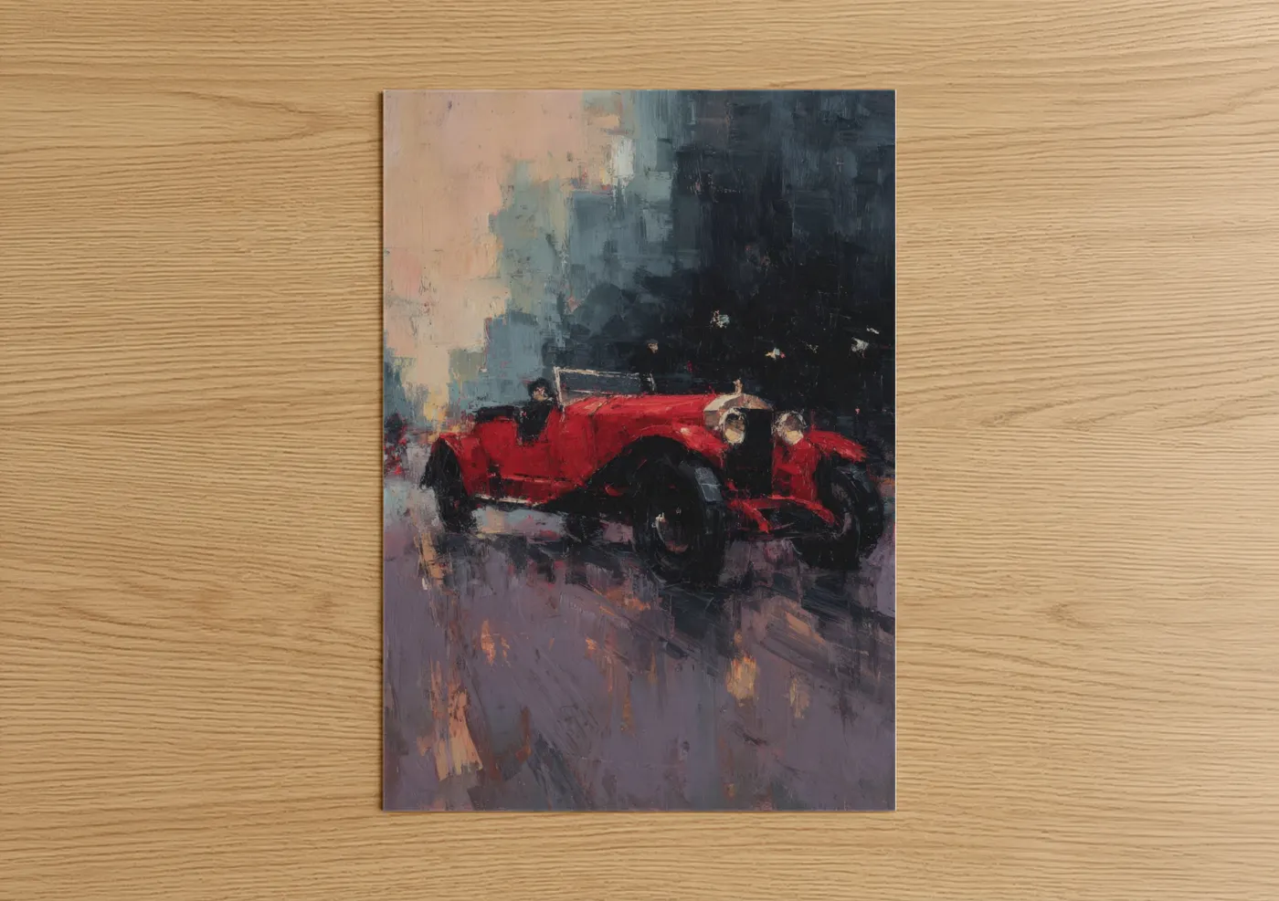 Classic car art print on warm oak wood — red and gray palette — Crimson Speedster poster