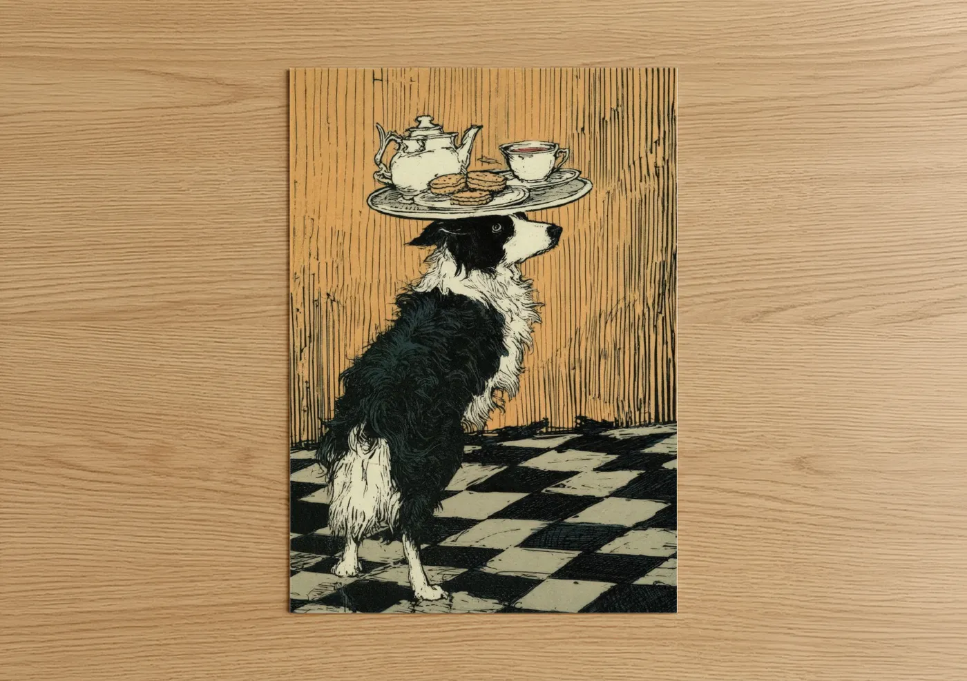 Shepherd dogs and collies art print on warm oak wood — black and white and cream palette — Teatime Collie poster