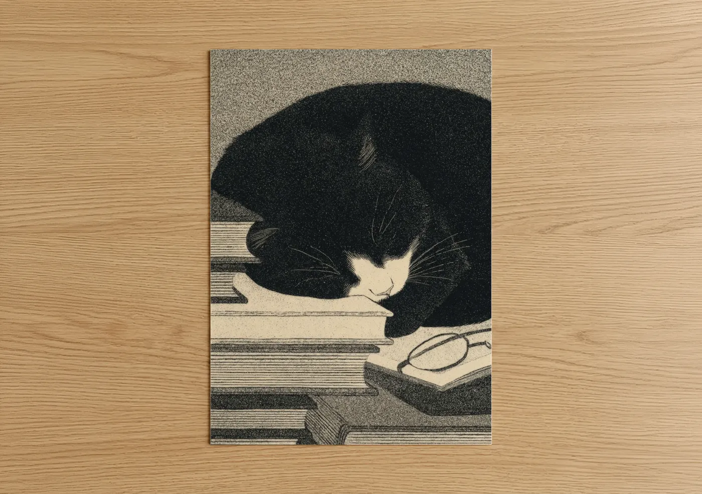Black and White Cat Reading Books Wall Art