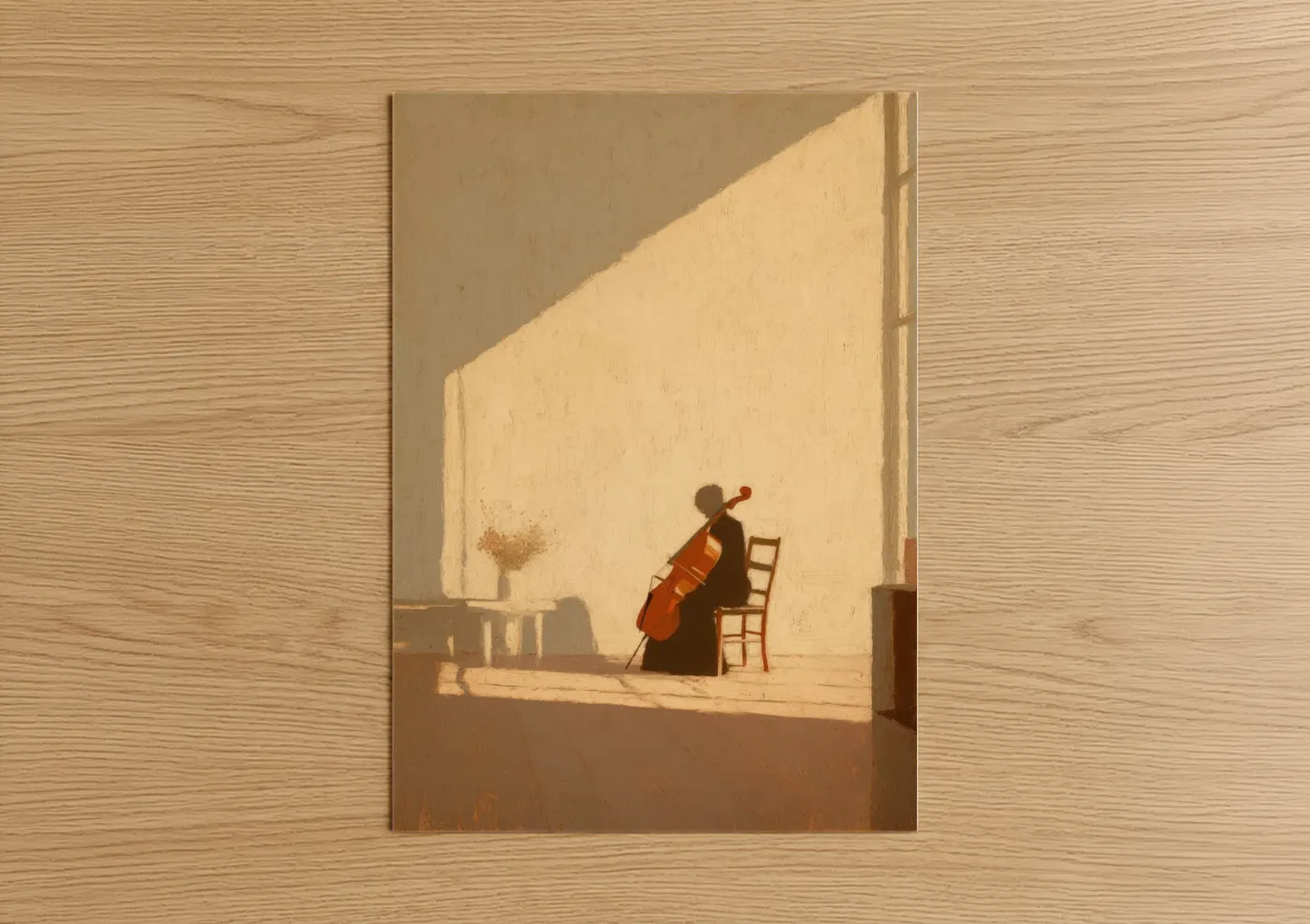 Musician art print on warm oak wood — cream and gold palette — Cellist in Sunlight poster
