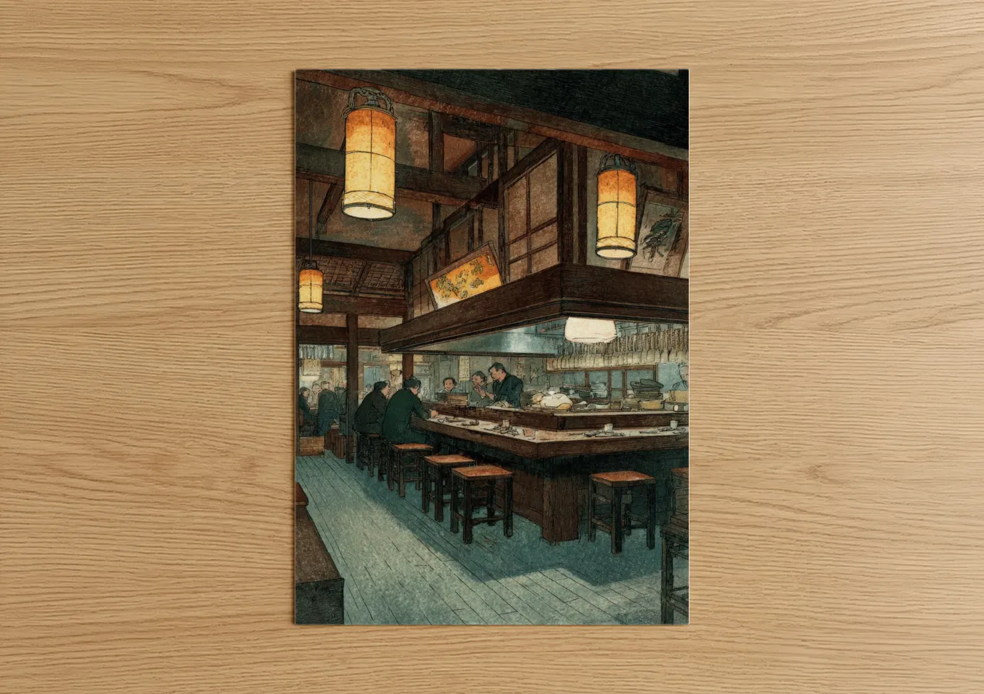 Store art print on warm oak wood — brown and gold palette — Vintage Ramen Counter poster