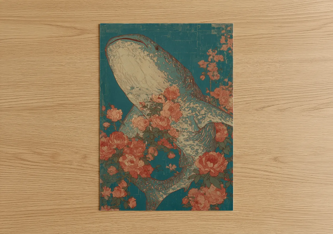 Art print on warm oak wood — teal and salmon pink palette — Coral Whale Shark poster