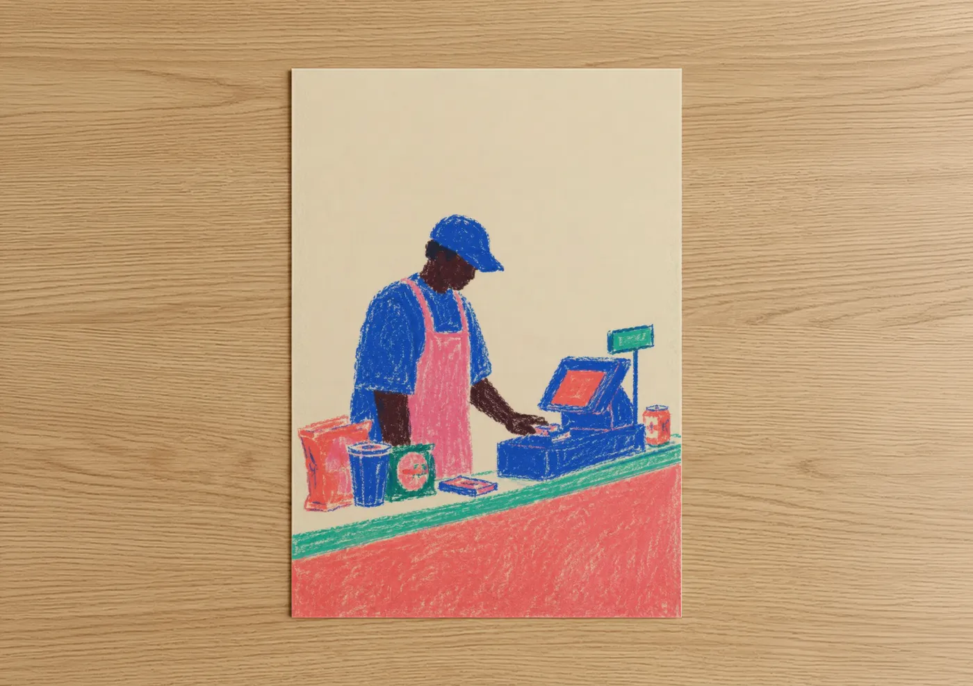 Store art print on warm oak wood — blue and salmon pink palette — Cashier at Work Modern Wall Art poster