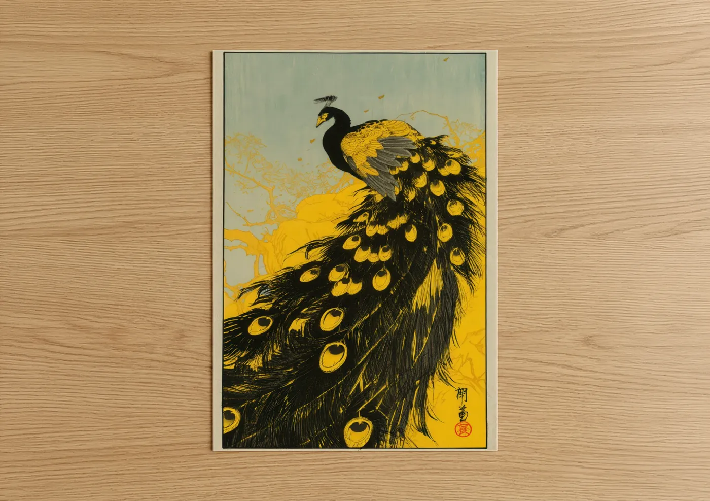 Golden Peacock Japanese Woodblock Wall Art
