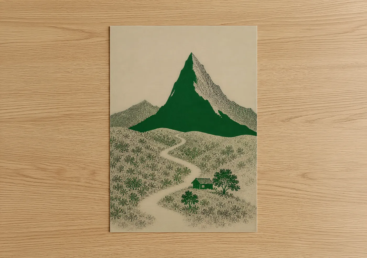 Art print on warm oak wood — green and beige palette — Mountain Cottage Landscape Wall Art poster