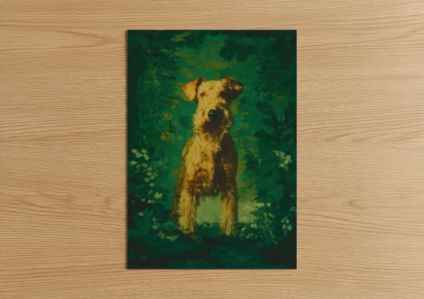 Art print on warm oak wood — gold and green palette — Golden Terrier Garden poster