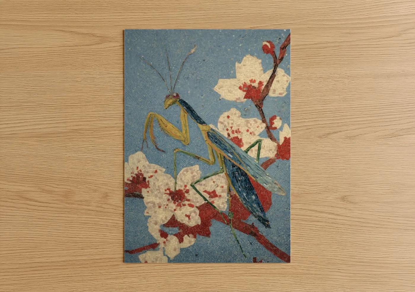 Praying Mantis Red Flowers Mosaic Wall Art