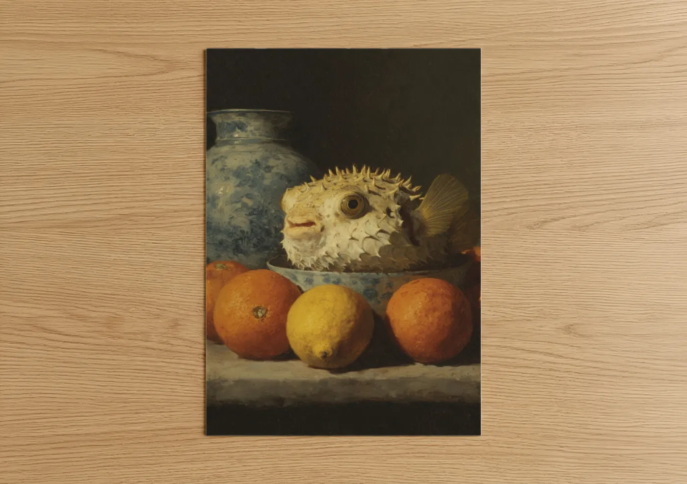 Curious Puffer Fish Still Life Painting Wall Art