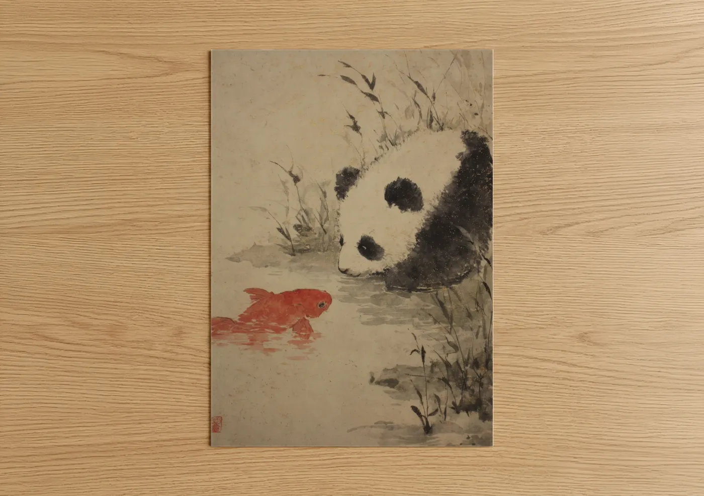 Panda and Goldfish Asian Ink Painting Wall Art