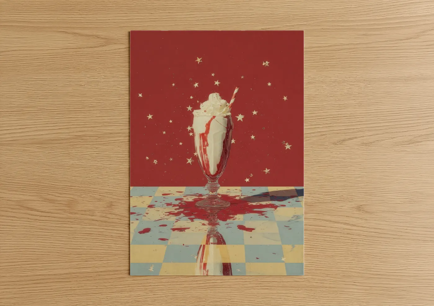 Art print on warm oak wood — red and gold palette — Starlit Milkshake poster