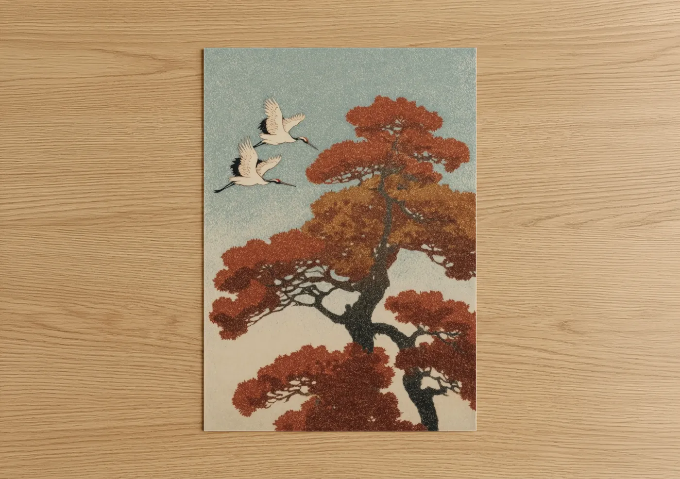 Cedar tree art print on warm oak wood — russet and sage green palette — Crimson Cedar Flight poster
