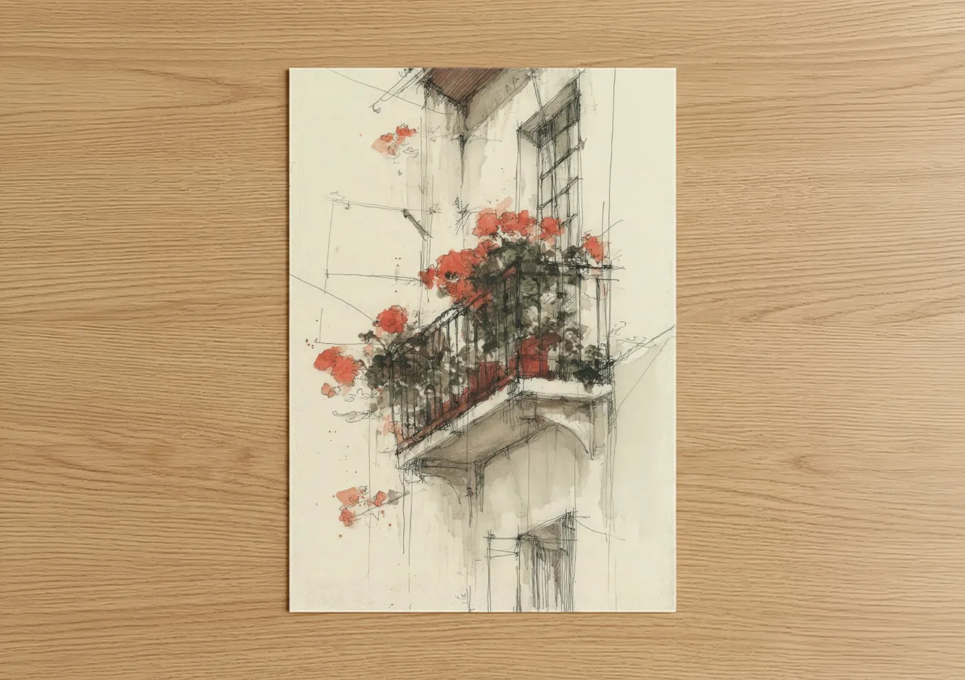 Art print on warm oak wood — red and cream palette — Balcony Geranium poster