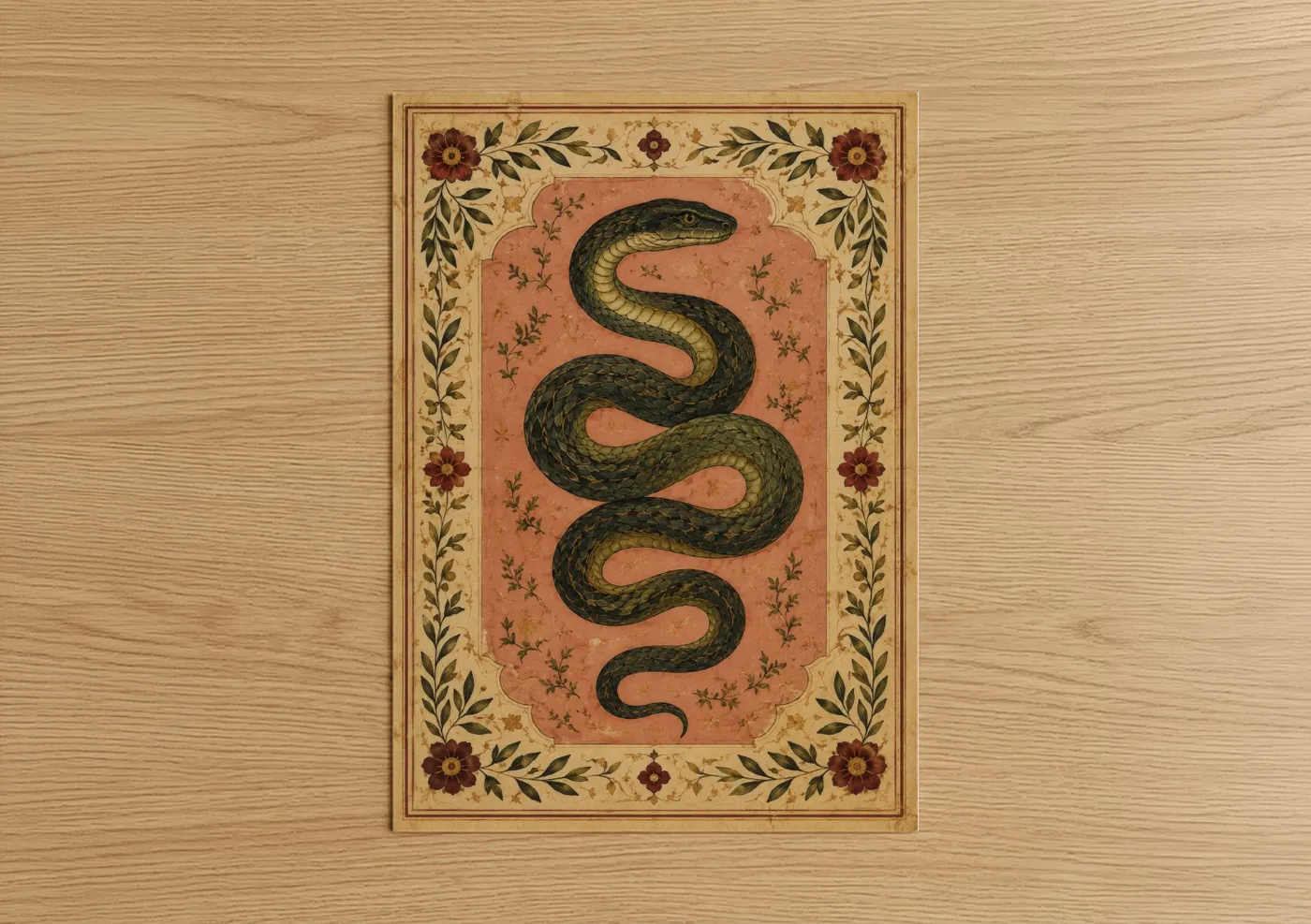 Art print on warm oak wood — peach and olive palette — Vintage Botanical Snake Wall Art poster