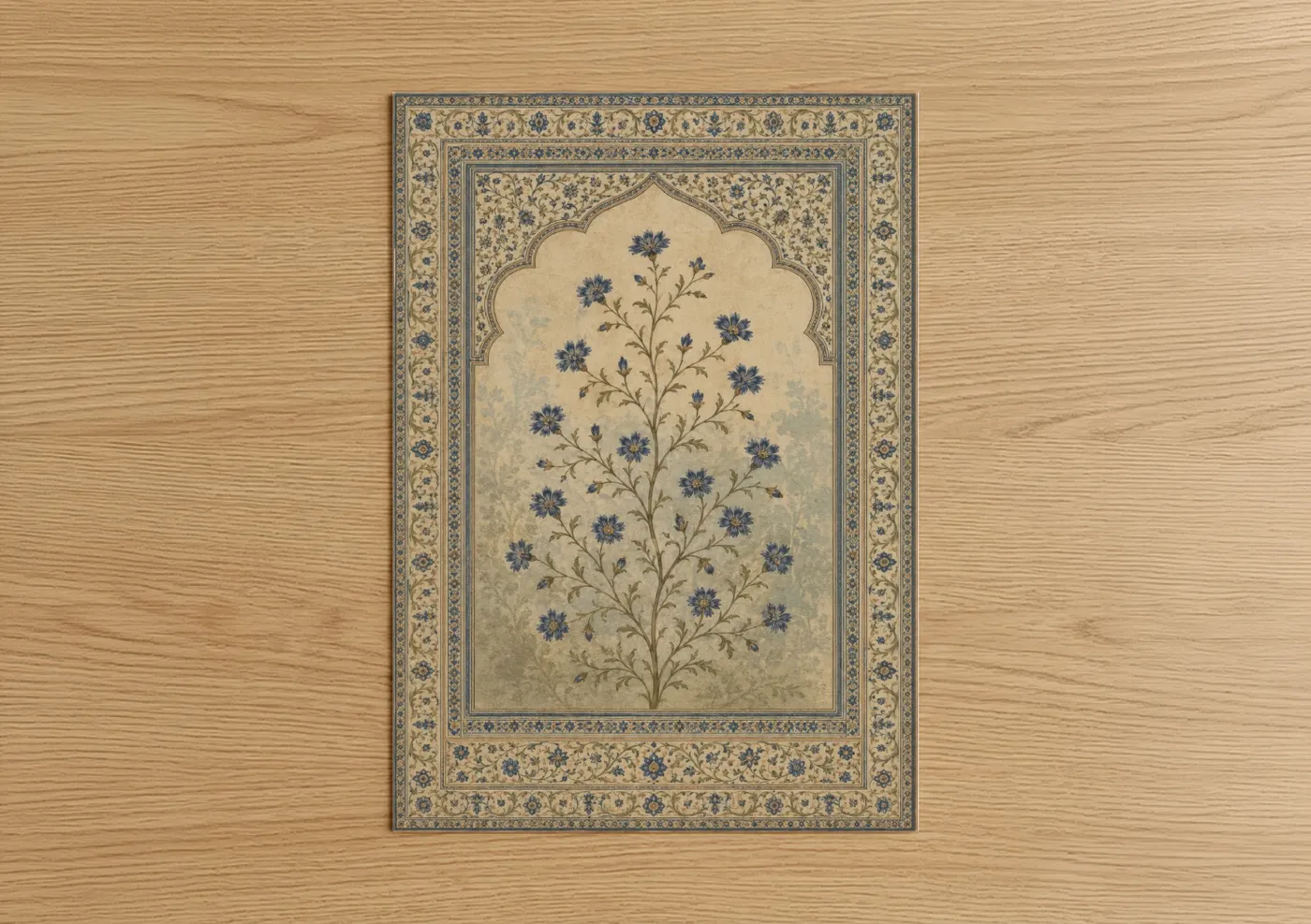 Flower art print on warm oak wood — blue and beige palette — Persian Floral Arch Wall Art poster